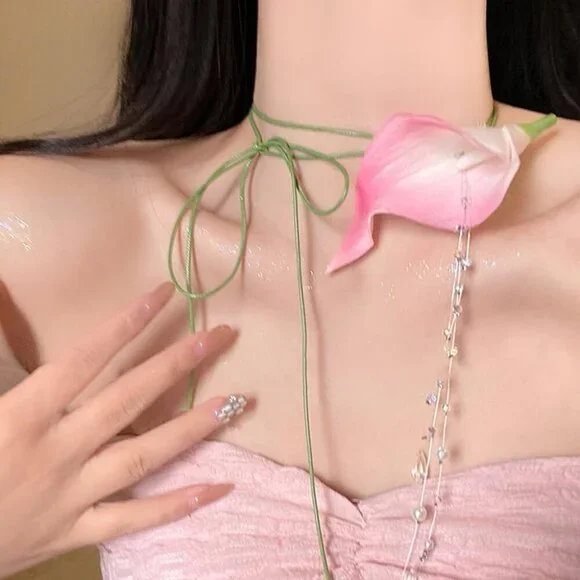 Flower Necklace Women Calla Lily Pearl Tassel Adjustable Ribbon Jewelry - Picture 2 of 6